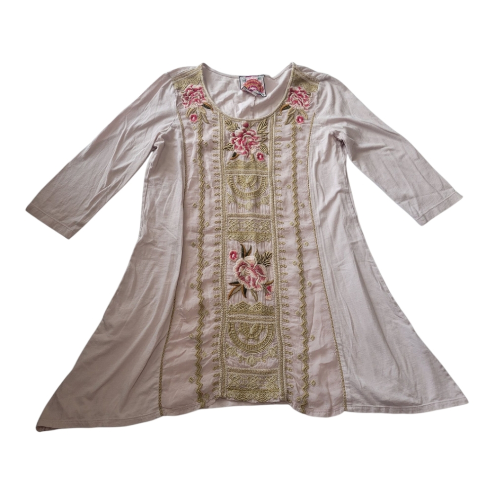 Johnny Was Mishka Rose Floral  Embroidered‎ Tunic Top Pink Size Small